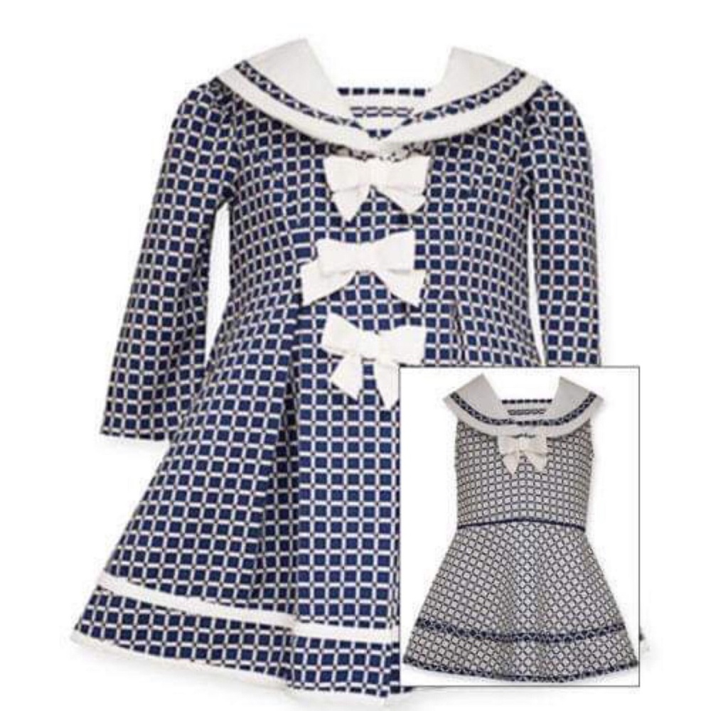 Girls Navy White Dress & Knit Coat 2 Pieces Set